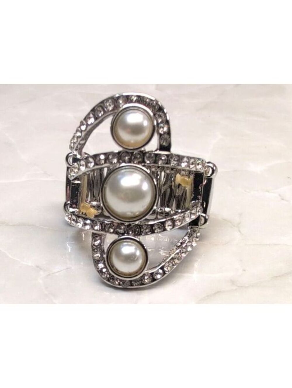 New Adjustable Silver Tone Faux Pearl Accent Stretch Ring Rhinestones Wedding